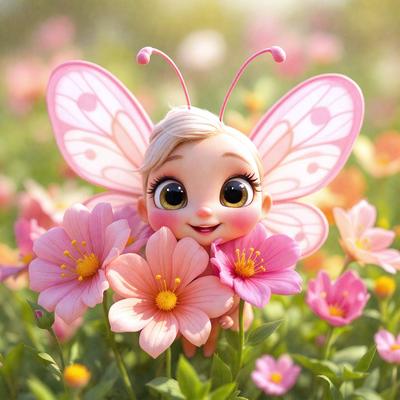 The primary subject of the image is a cute, smiling butterfly figurine, which is placed in a field of flowers. The setting is a garden, with a variety of pink flowers surrounding the butterfly. The visual style is a combination of digital art and illustration, creating a whimsical and charming scene. The colors and mood of the image are predominantly pink, which adds a sense of warmth and happiness to the scene.
